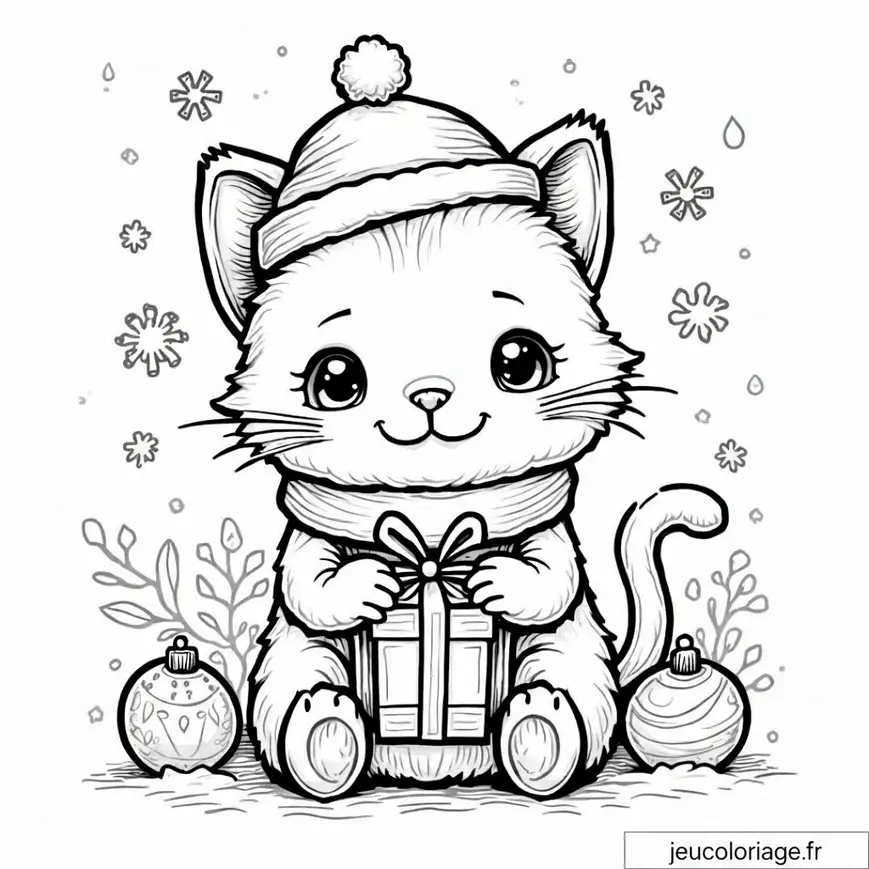 Coloriage chat de Noël mignon avec cadeau à imprimer