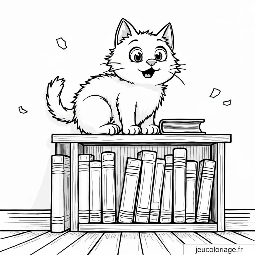 Coloriage chat espiègle sur étagère avec livres