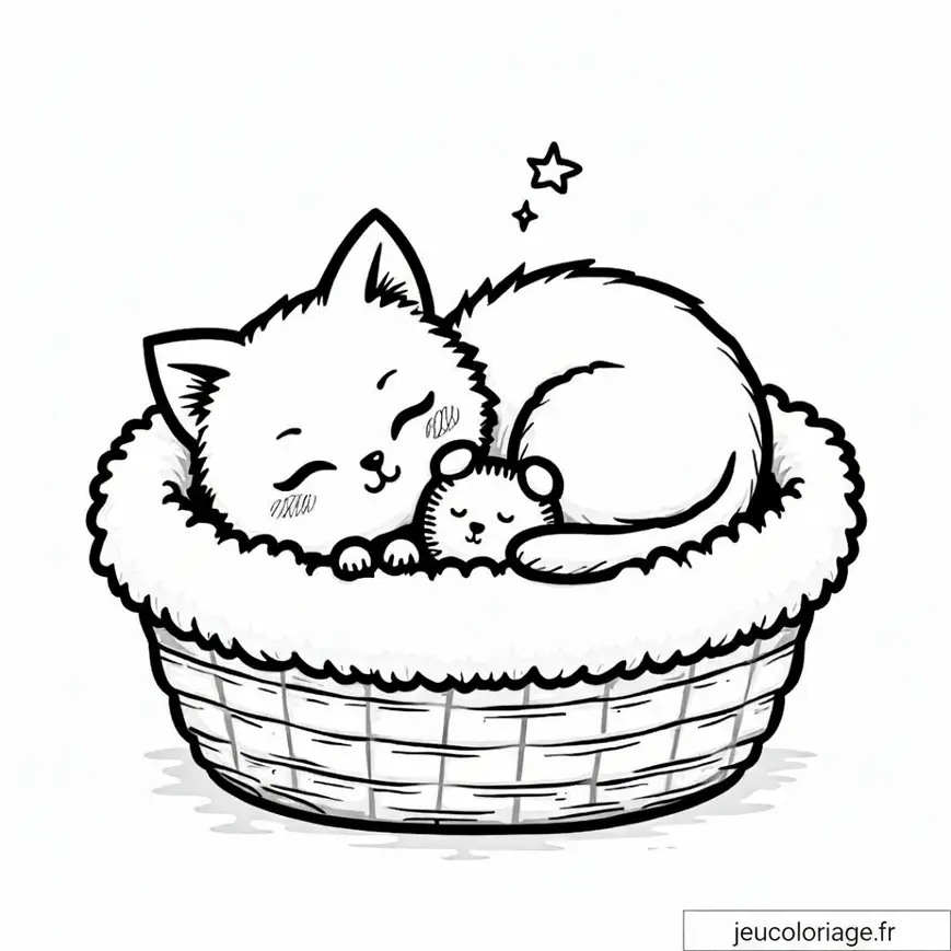 Coloriage chat et souris endormis dans un panier cosy
