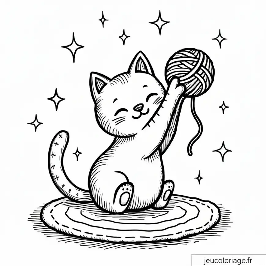 Coloriage chat joueur avec pelote et étoiles scintillantes