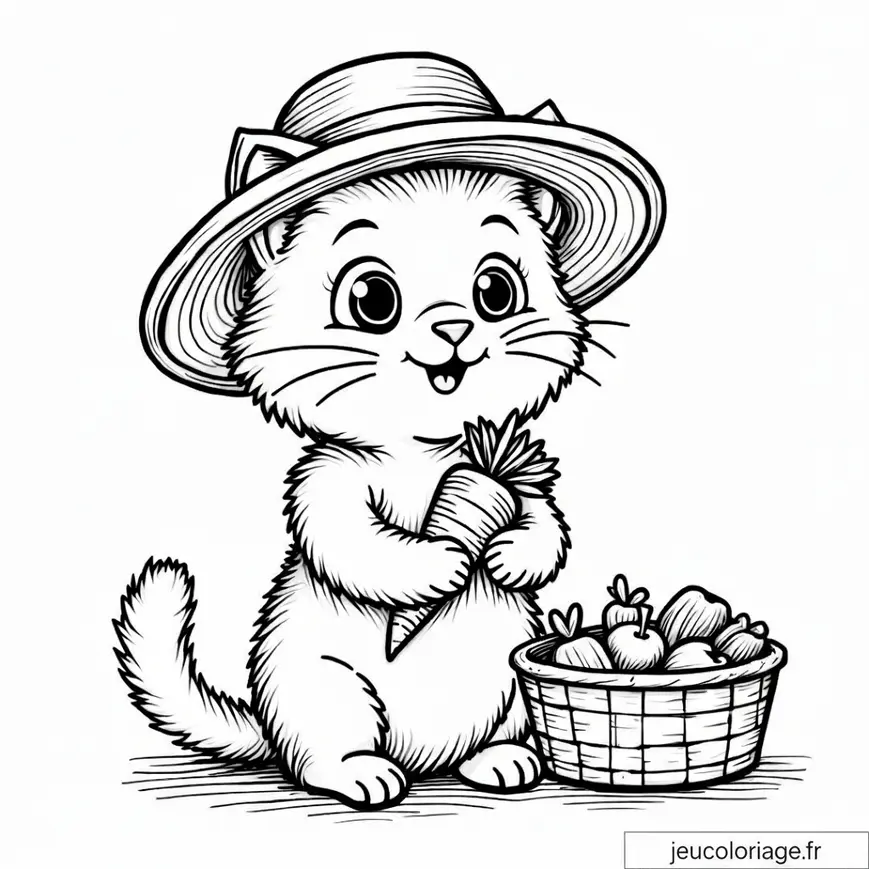 Coloriage chat mignon avec carotte et panier de fruits