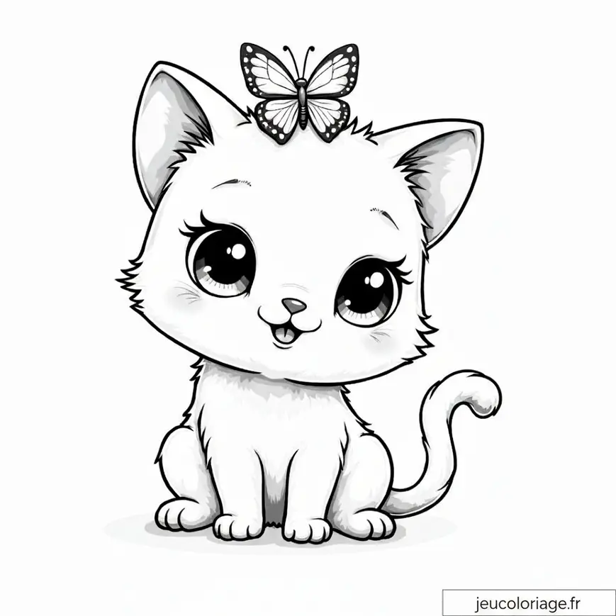 Coloriage chaton mignon avec papillon sur la tête