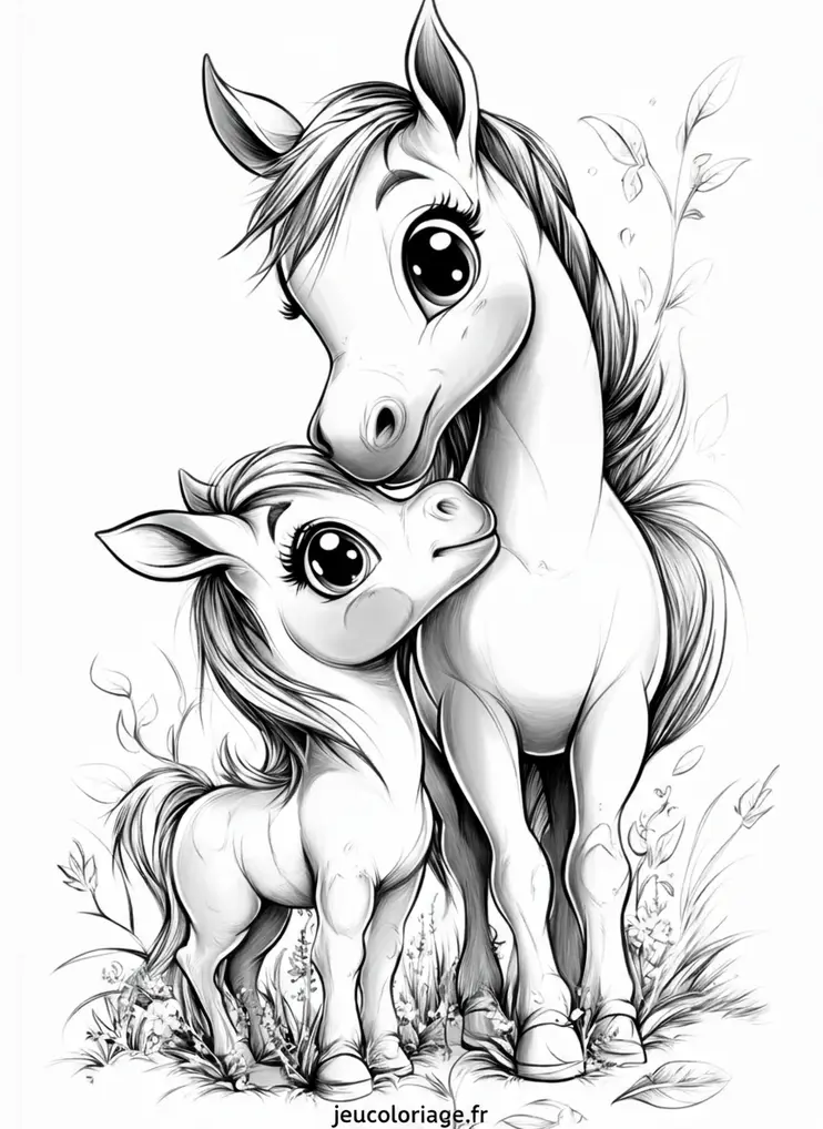 Coloriage chevaux mignons : complicité et tendresse