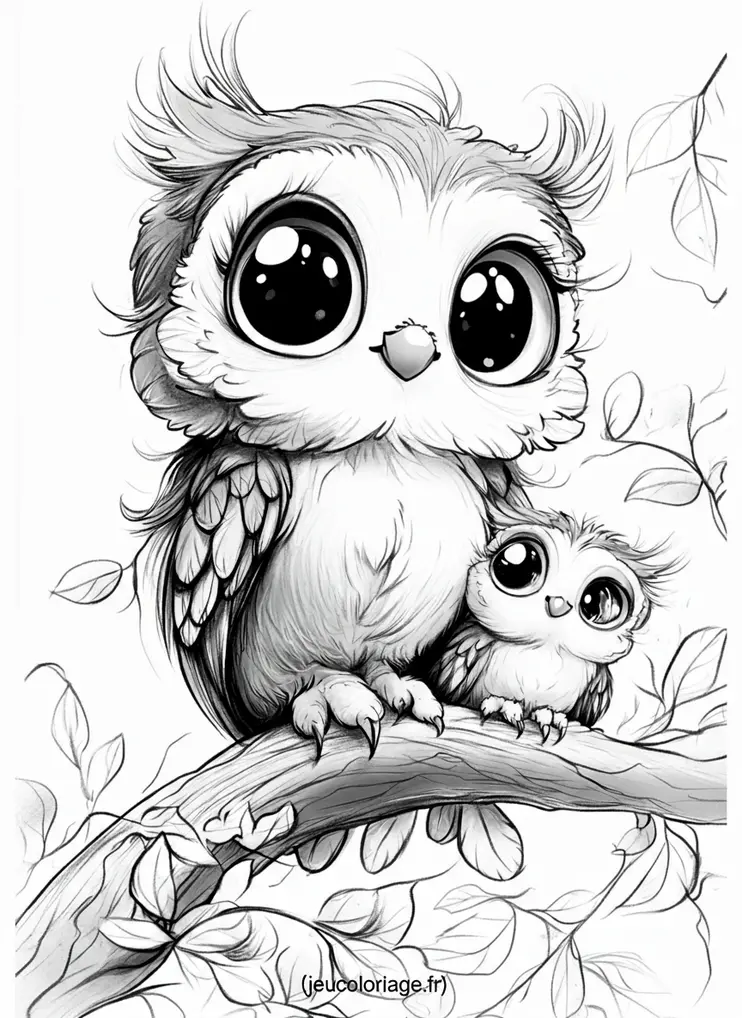 Coloriage chouettes à gros yeux sur une branche