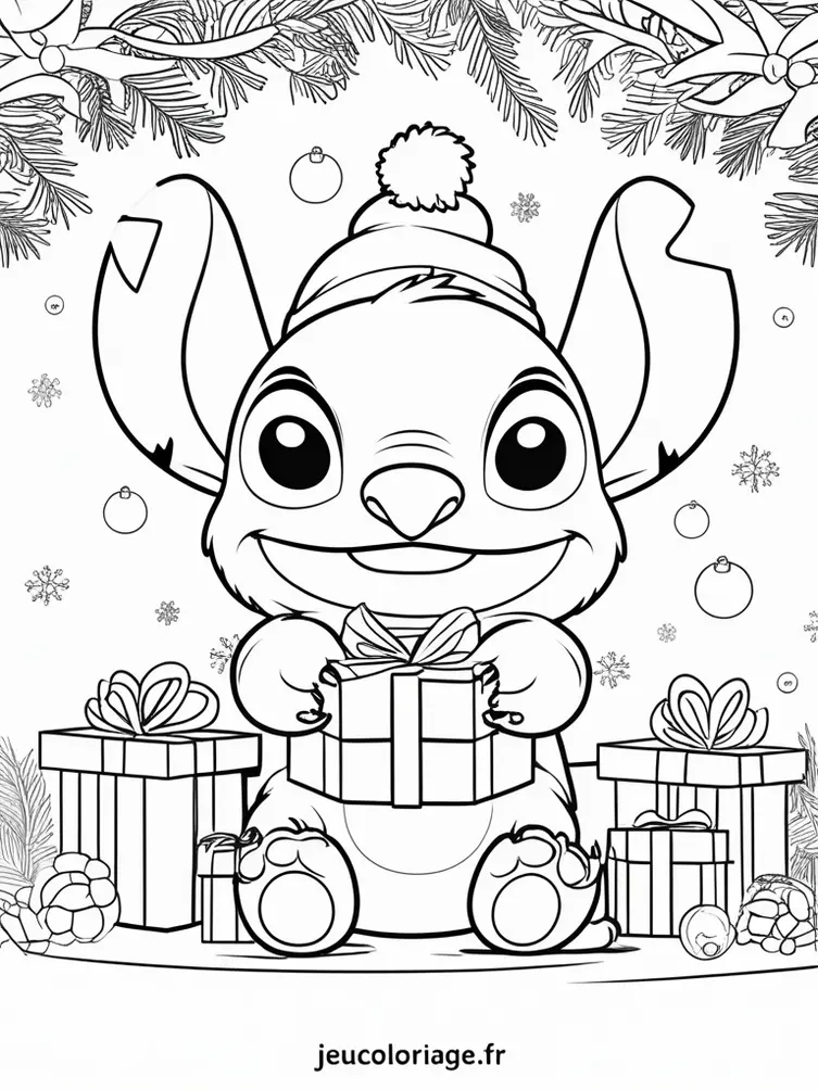 Coloriage de Stitch avec des cadeaux de Noël