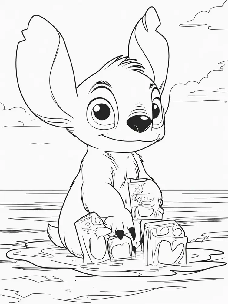 Coloriage de Stitch avec deux glaces à la plage