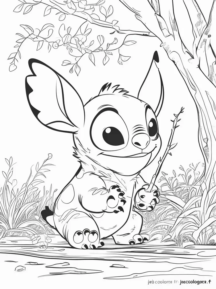 Coloriage de Stitch dans un traîneau avec un renne