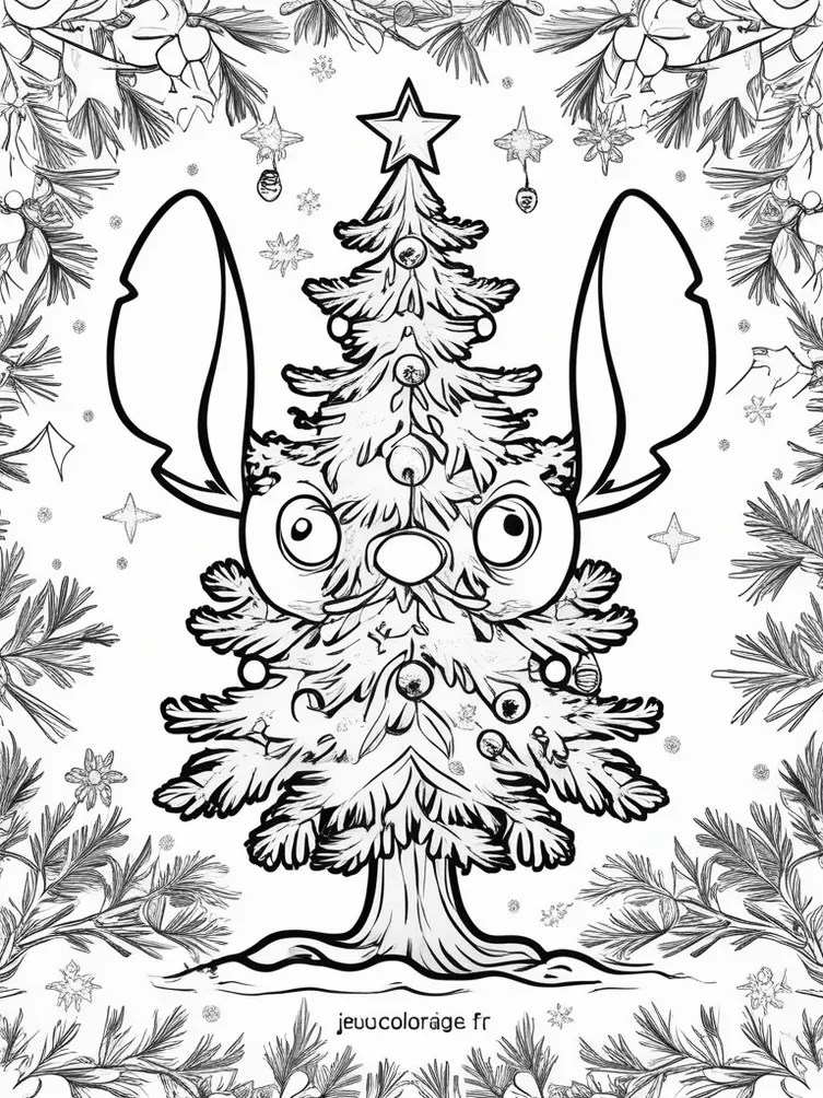 Coloriage de Stitch décorant le sapin de Noël