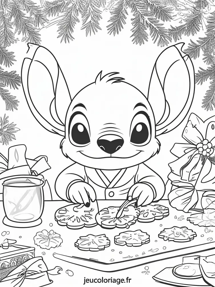 Coloriage de Stitch préparant des biscuits de Noël