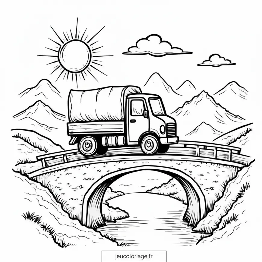 Coloriage de camion sur pont en montagne