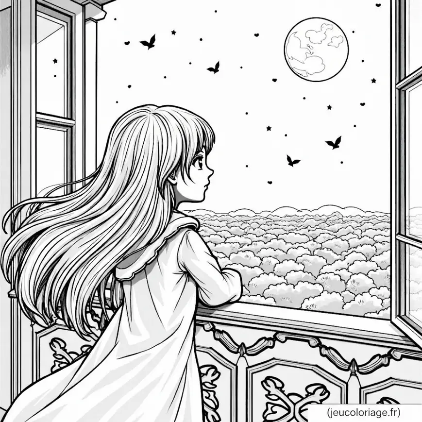 Coloriage de fille rêveuse à la fenêtre sous la lune