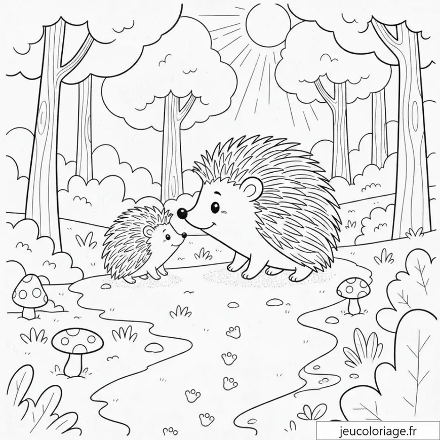 Coloriage de hérissons dans une forêt ensoleillée