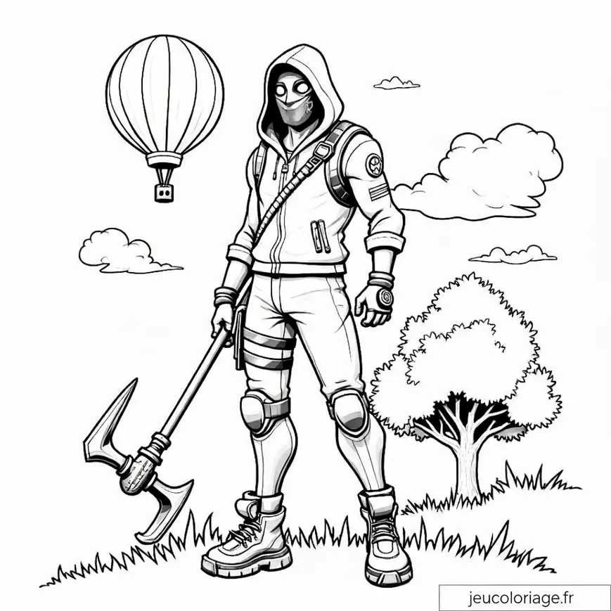 Coloriage de héros avec hache et ballon, aventure nature