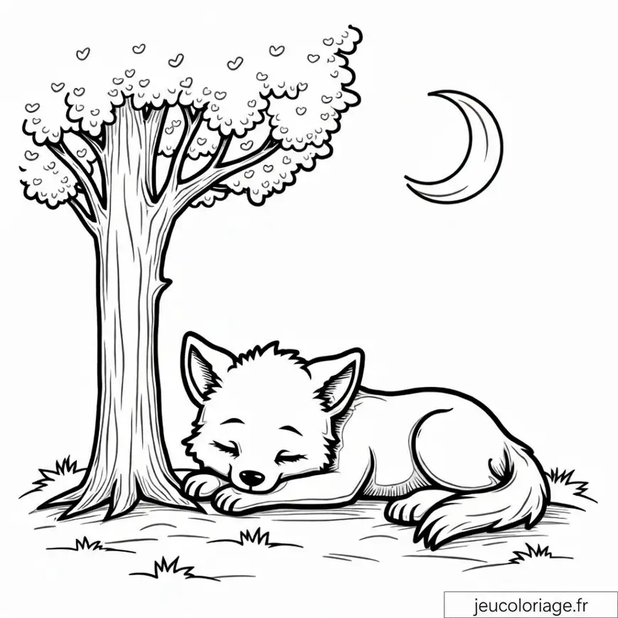 Coloriage de loup Endormi sous un Arbre Nocturne