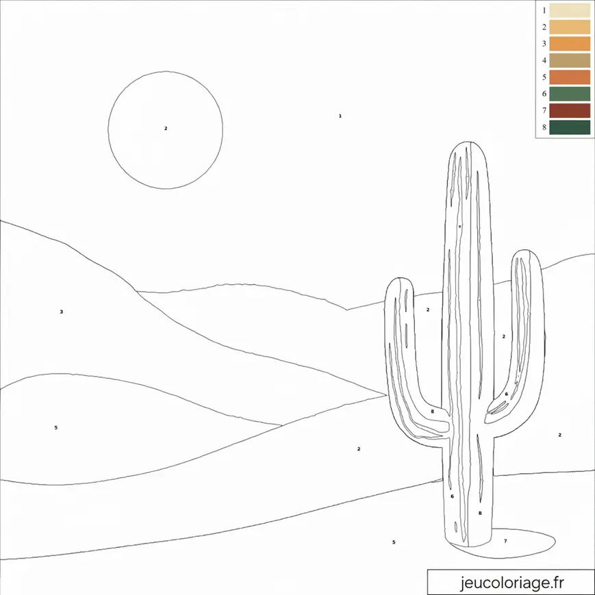 Coloriage de paysage désertique avec cactus pour enfants