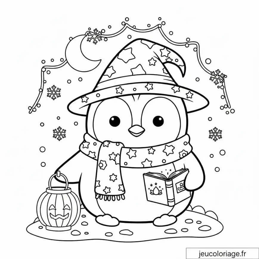 Coloriage de pingouin magicien avec lanterne et livre magique