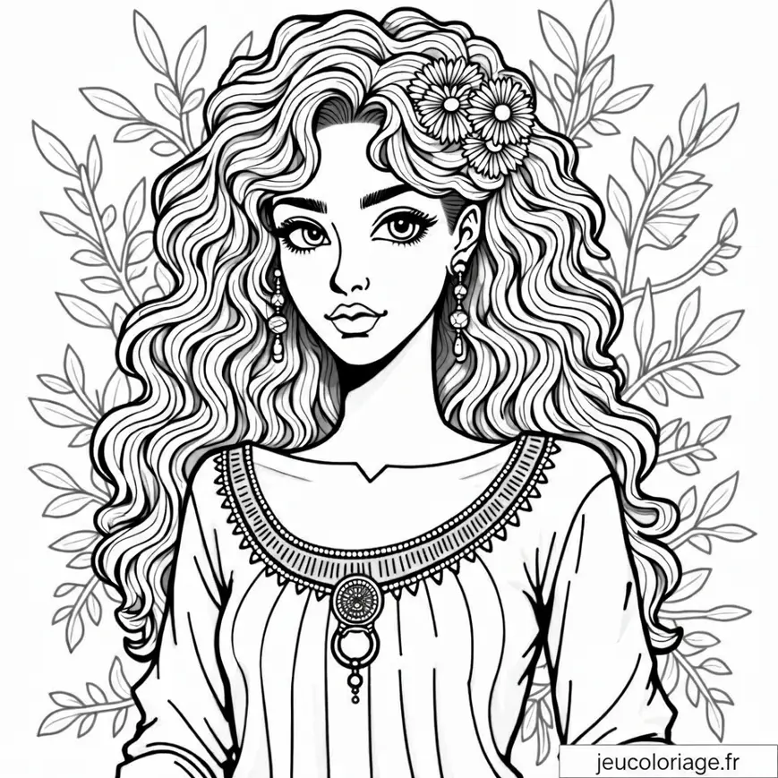 Coloriage de princesse élégante avec fleurs et bijoux