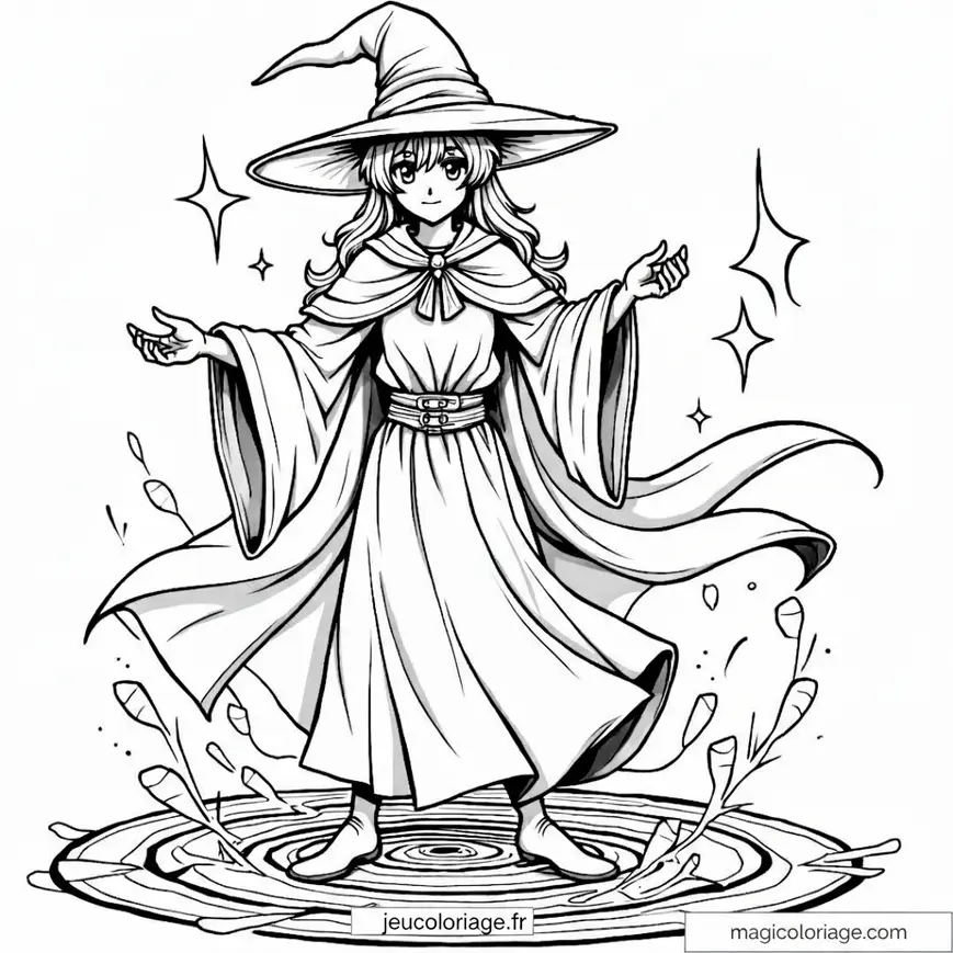 Coloriage de sorcière magique sur un cercle enchanté