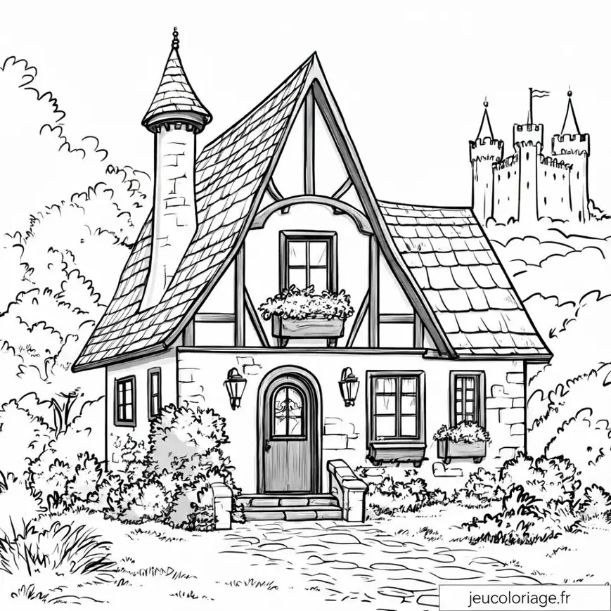 Coloriage enchanteur de maison féerique au château lointain