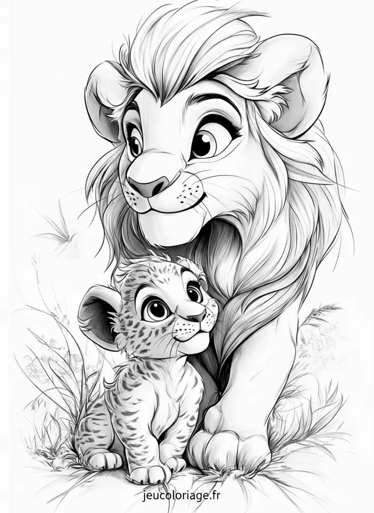 Coloriage famille de lions adorables dans la savane