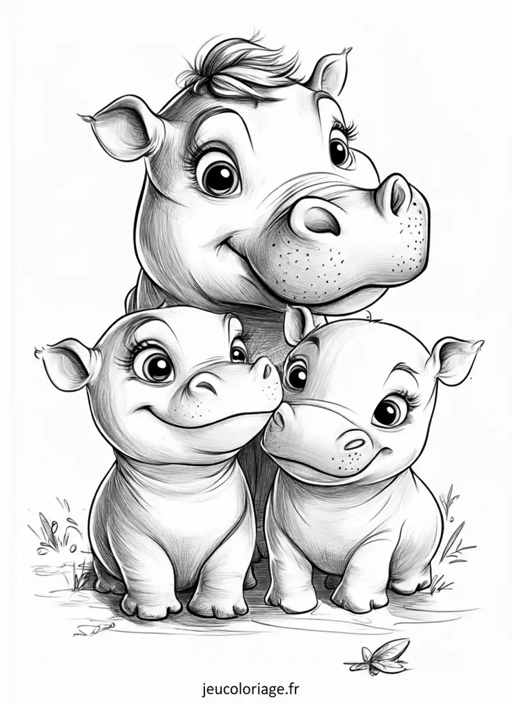 Coloriage hippopotames adorables en famille, moment de tendresse