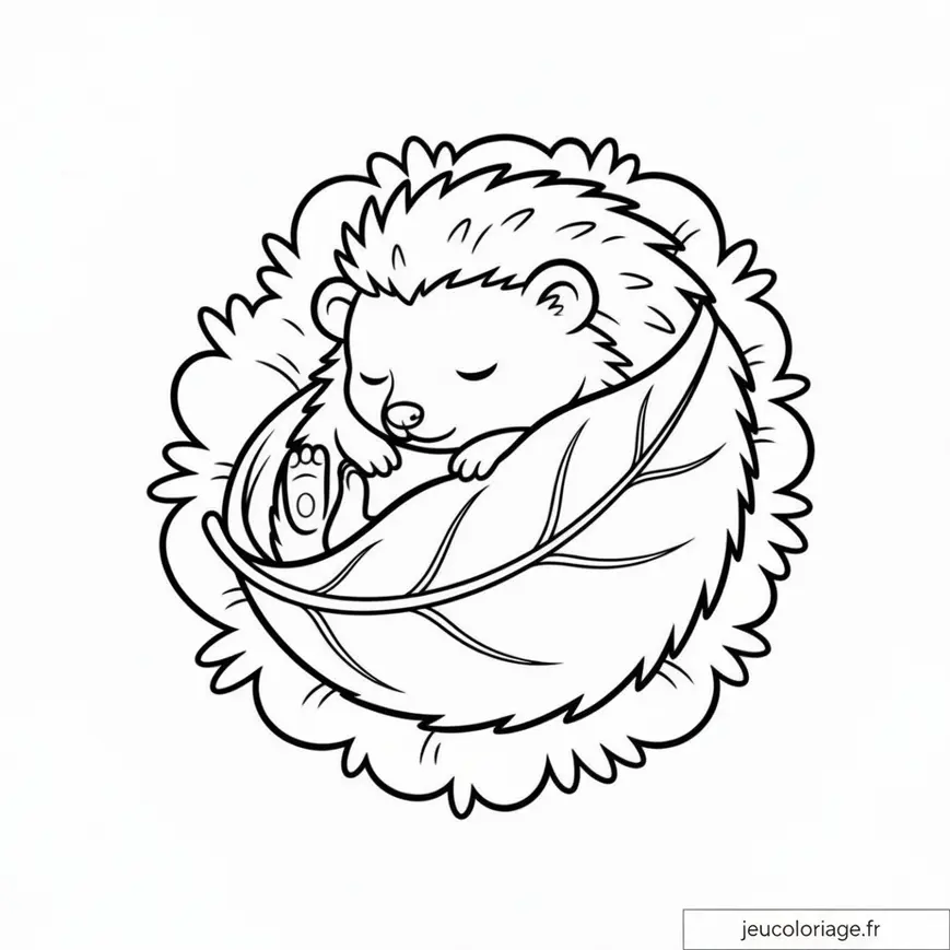 Coloriage hérisson mignon endormi sur une feuille géante