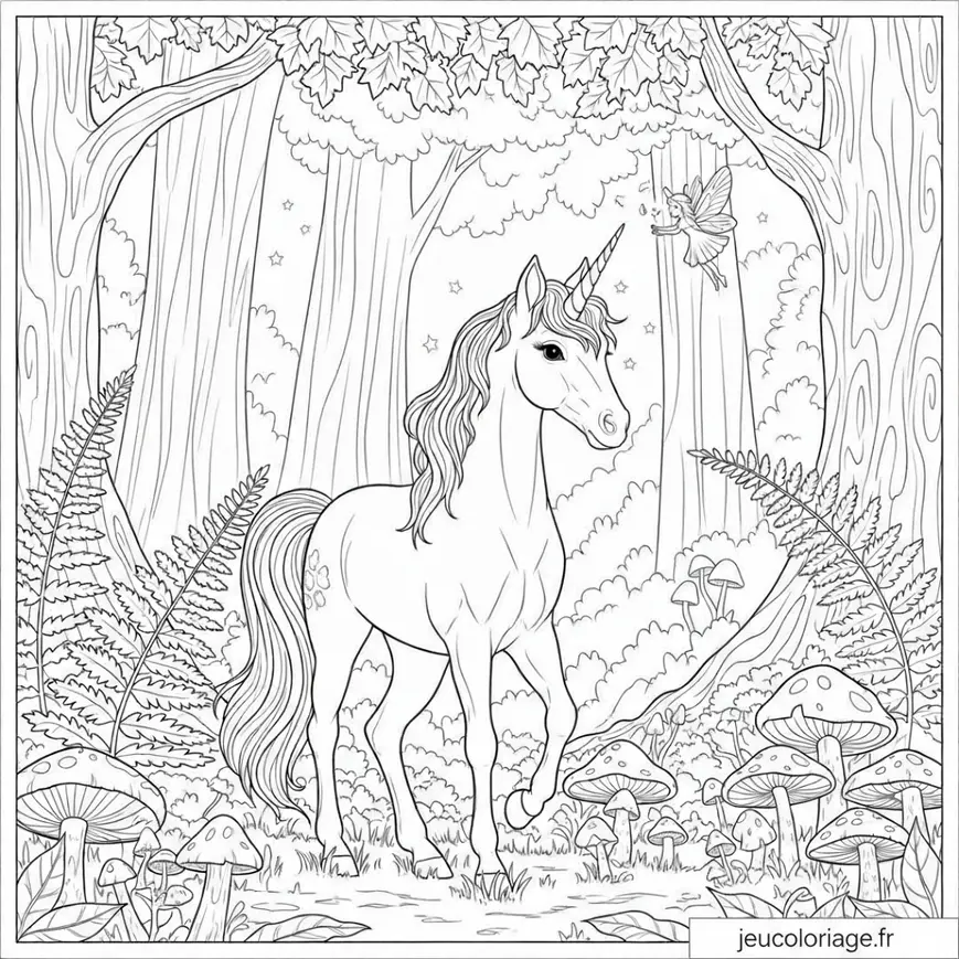 Coloriage licorne magique dans une forêt enchantée