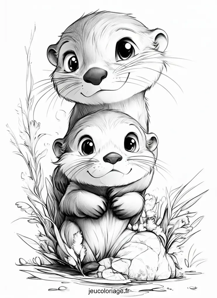 Coloriage loutres câlines dans leur habitat naturel