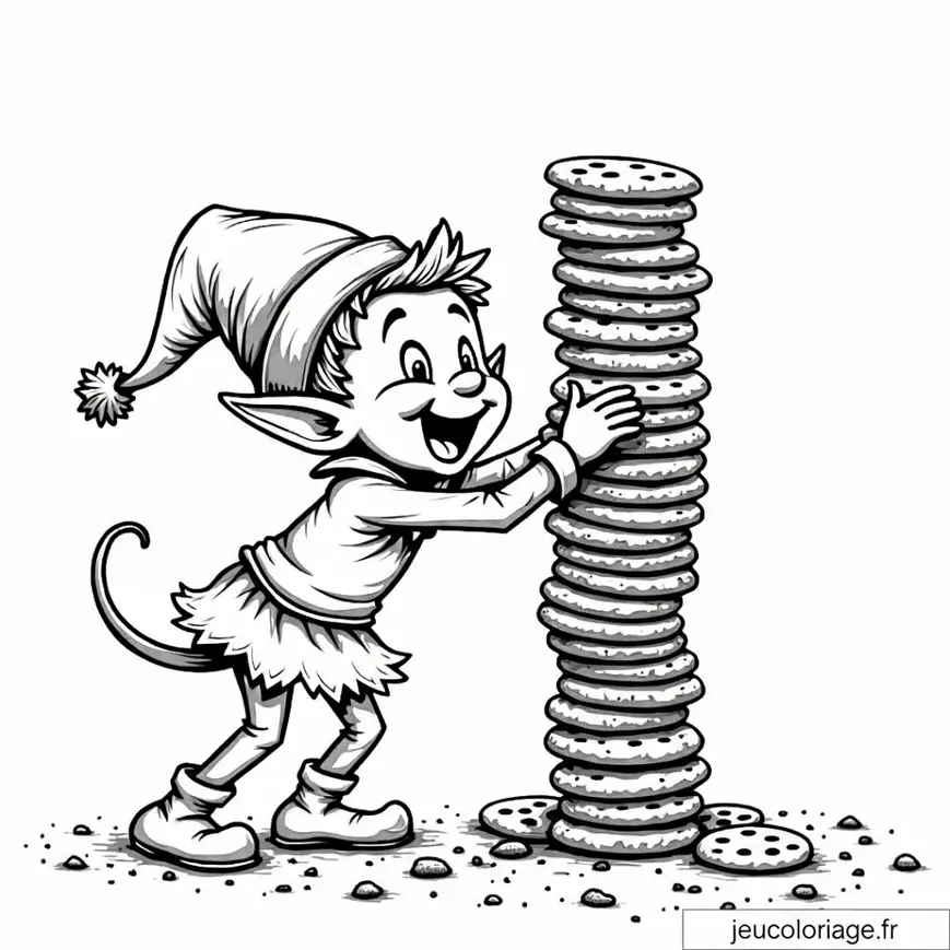 Coloriage lutin espiègle et sa tour de biscuits géante