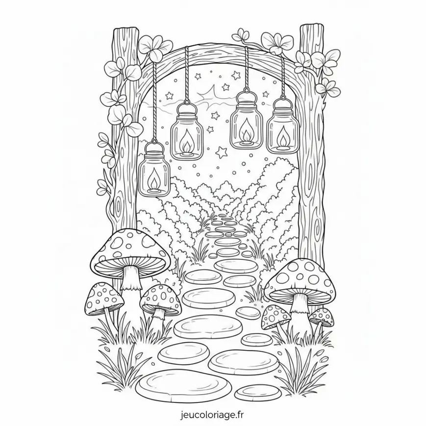 Coloriage magique : chemin de pierres et lanternes enchantées