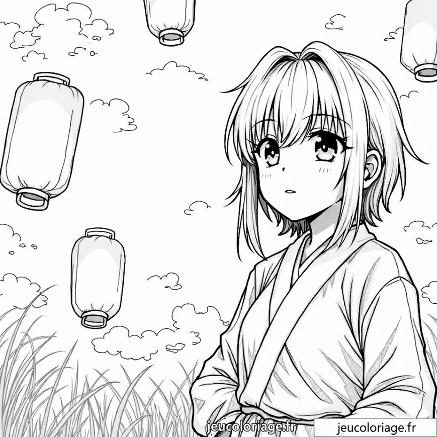 Coloriage magique de fille manga sous lanternes volantes