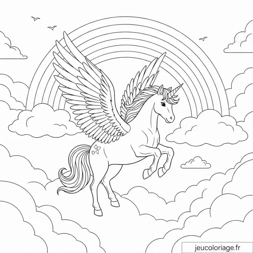 Coloriage magique de licorne ailée et arc-en-ciel enchanteur