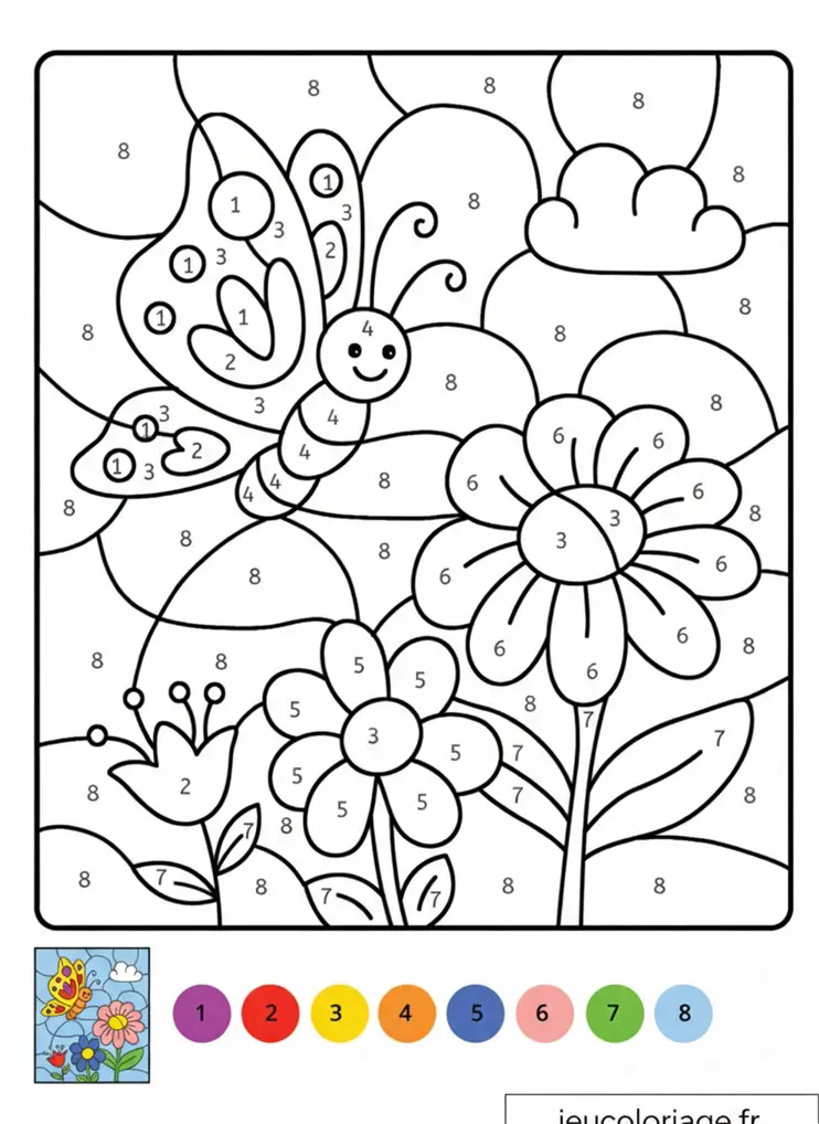 Coloriage magique papillon joyeux et fleurs vives pour CP-CE1