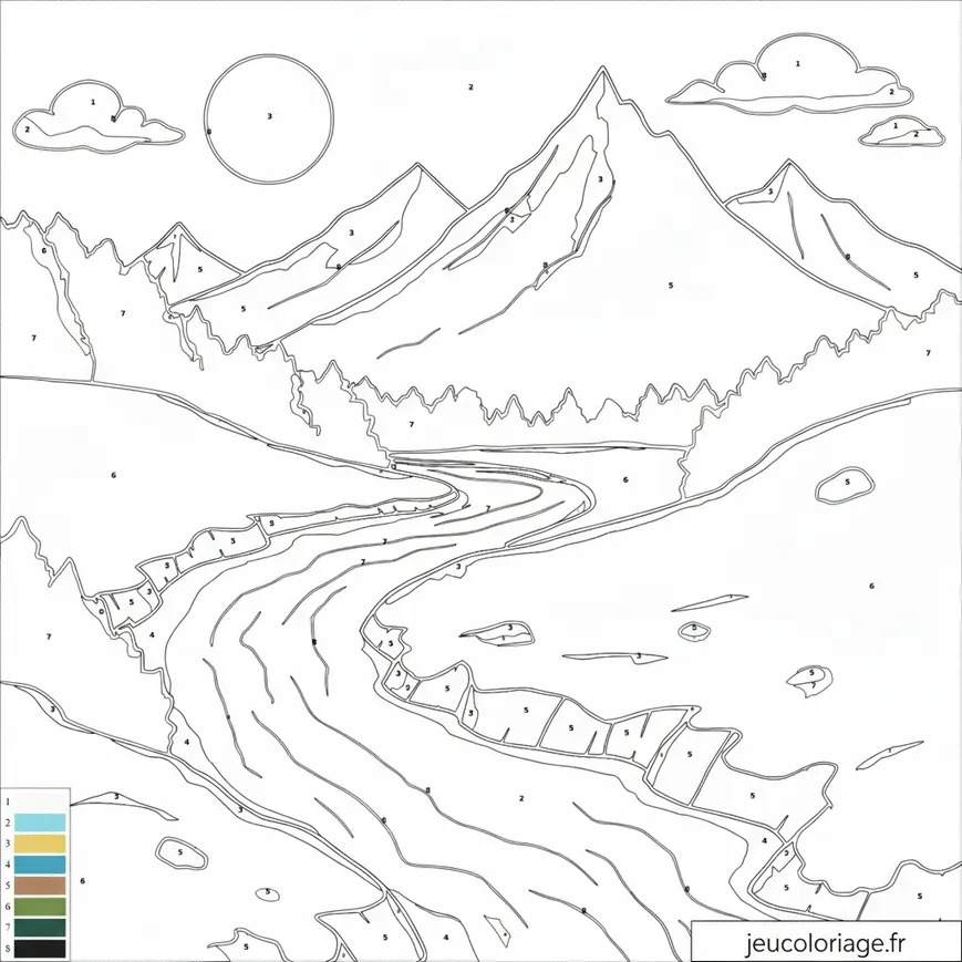 Coloriage magique paysage de montagne et rivière relaxante