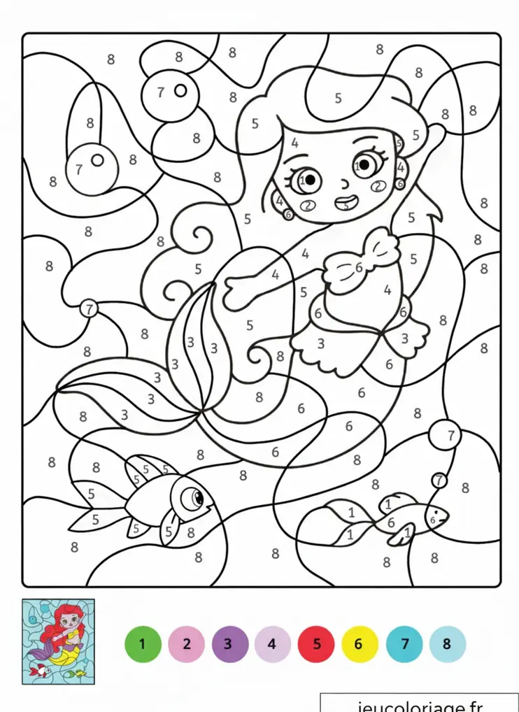 Coloriage magique sirène et poissons pour enfants CP-CE1