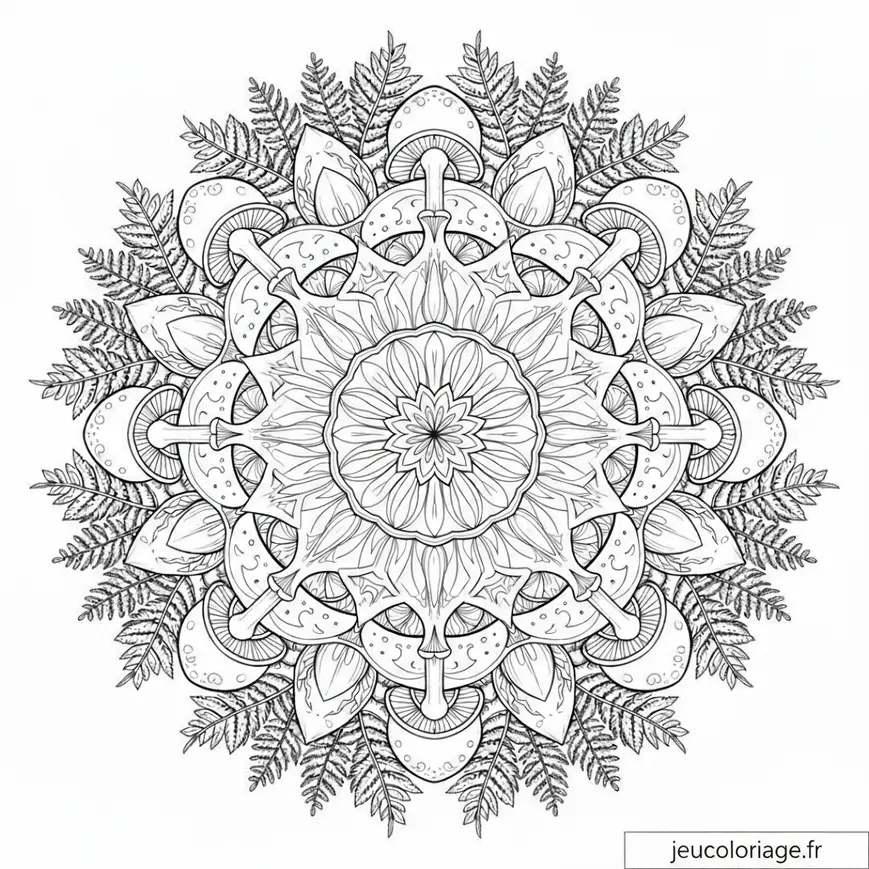 Coloriage mandala nature avec champignons et fougères