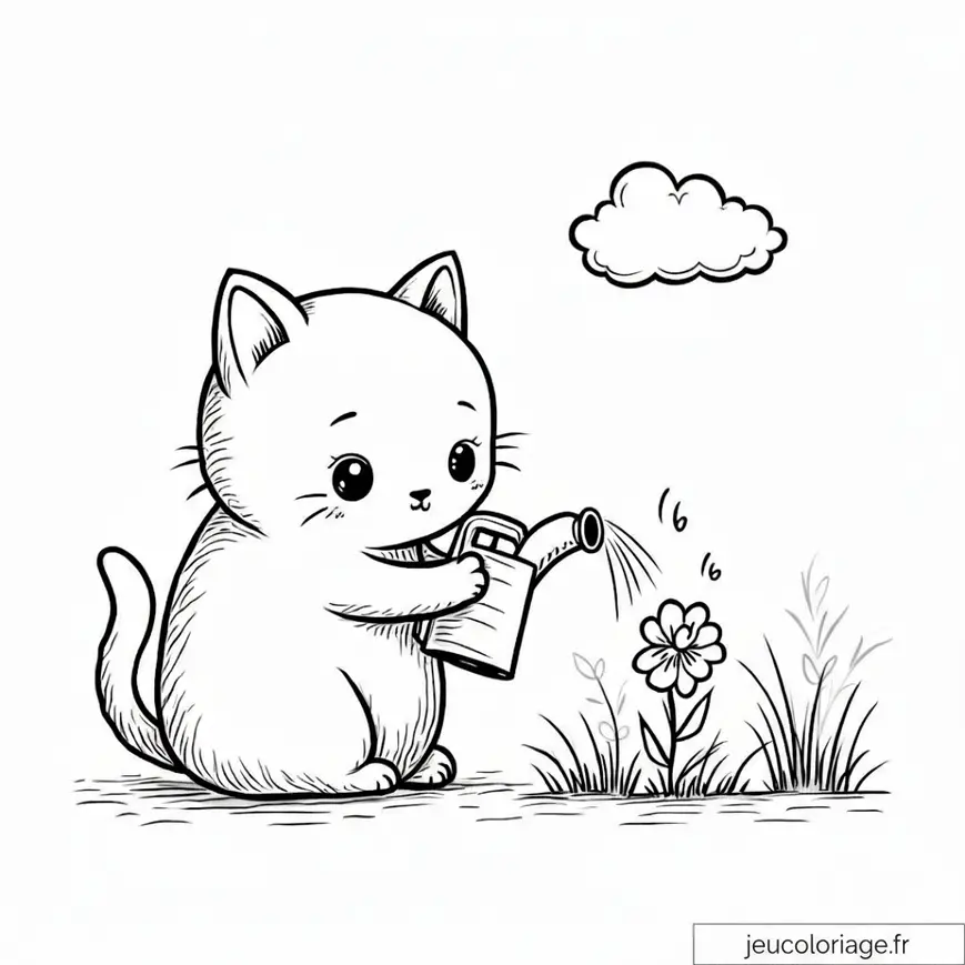 Coloriage mignon : Chat arrosant une fleur joyeuse