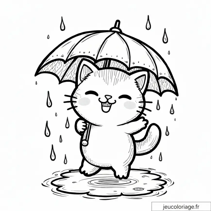 Coloriage mignon Chat sous la pluie avec parapluie joyeux
