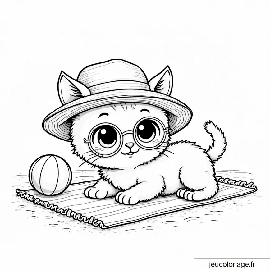 Coloriage mignon chaton avec chapeau et lunettes à colorier gratuitement