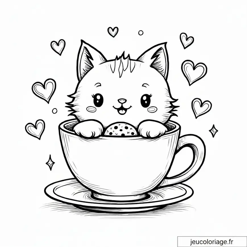 Coloriage mignon de chaton dans une tasse à imprimer