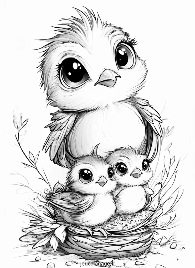 Coloriage mignon de petits oiseaux nichés à imprimer