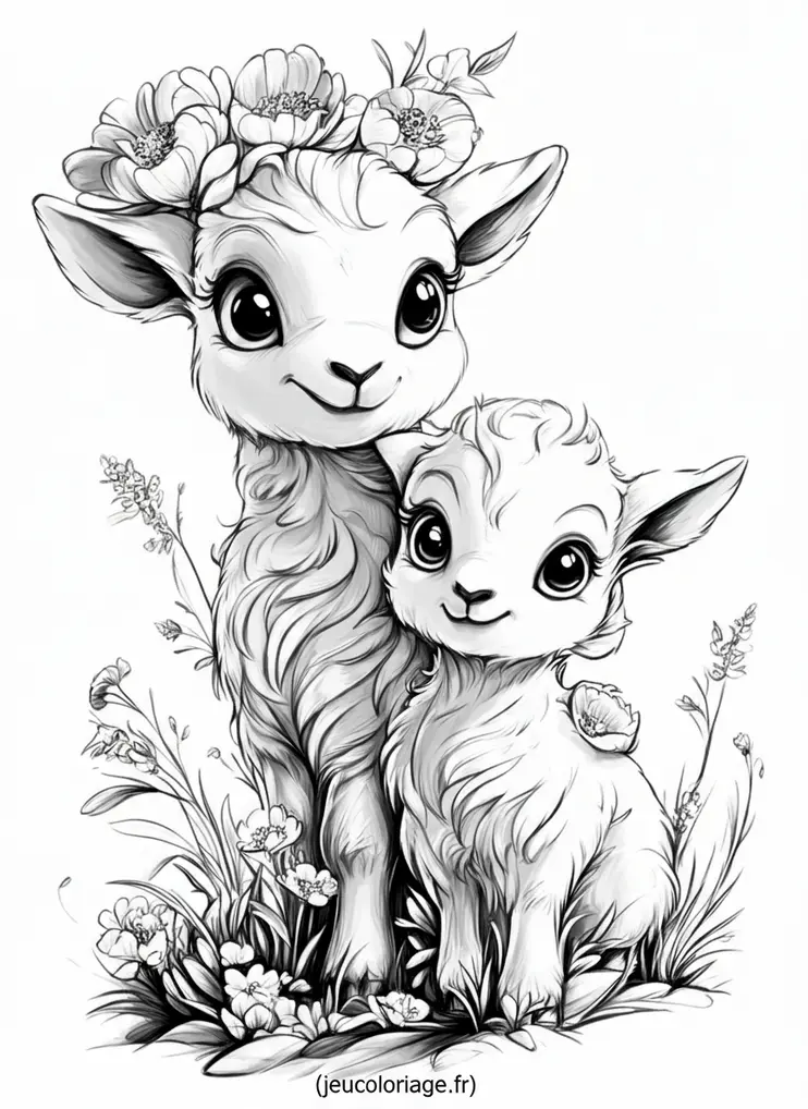 Coloriage mignons agneaux fleuris : aventure créative