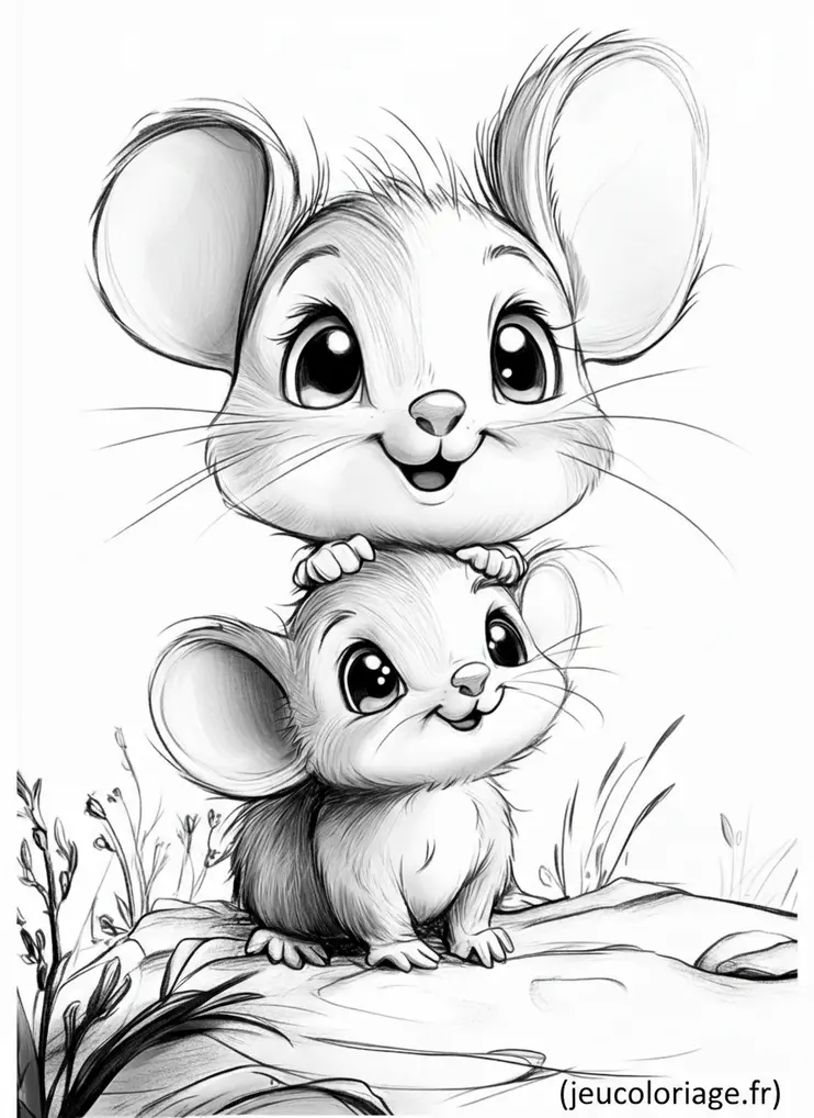 Coloriage mignons souriceaux joyeux sur un rocher