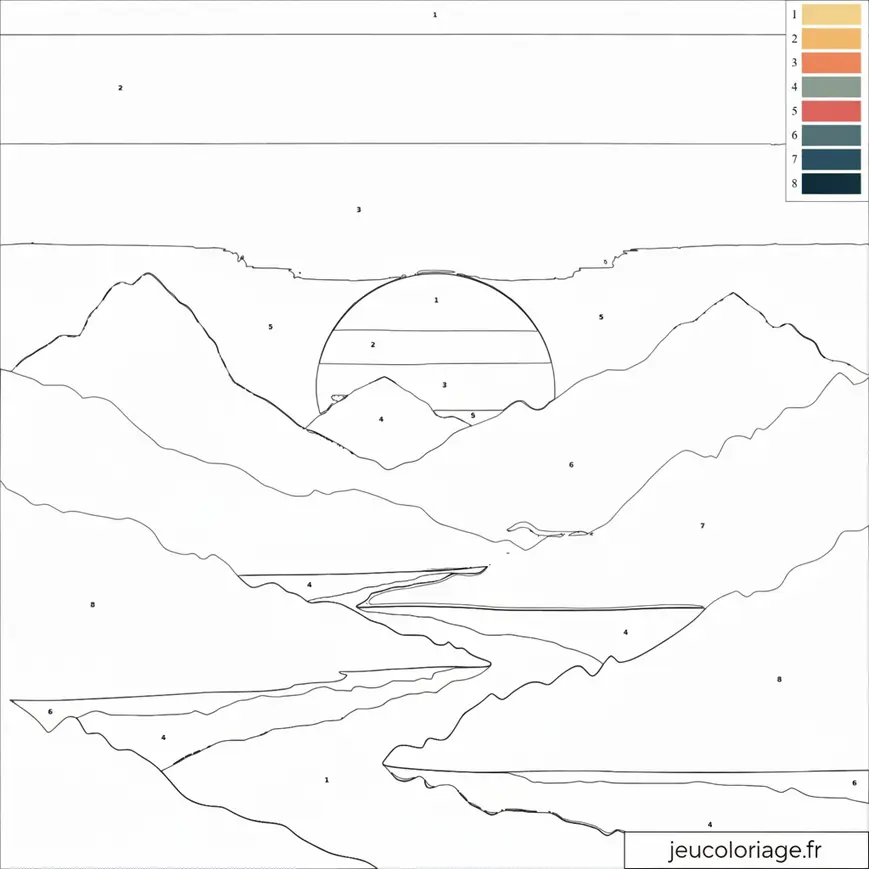 Coloriage paysage montagne avec coucher de soleil à numéros