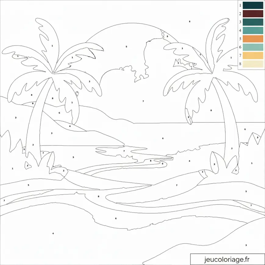 Coloriage paysage tropical à numéros pour enfants