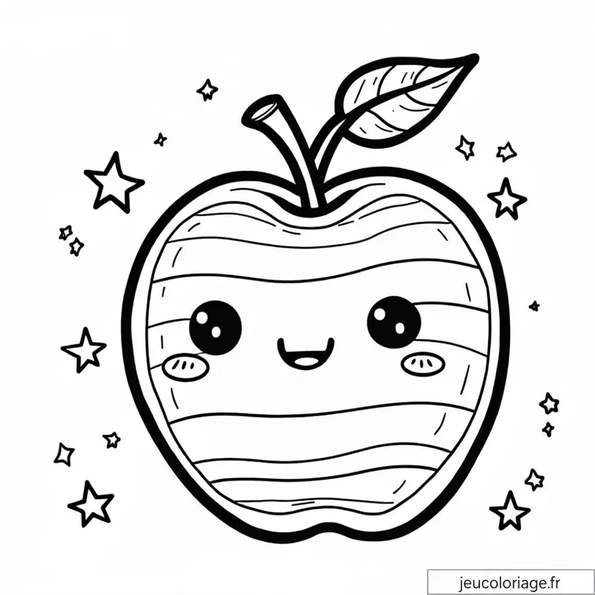 Coloriage pomme kawaii et étoiles à imprimer