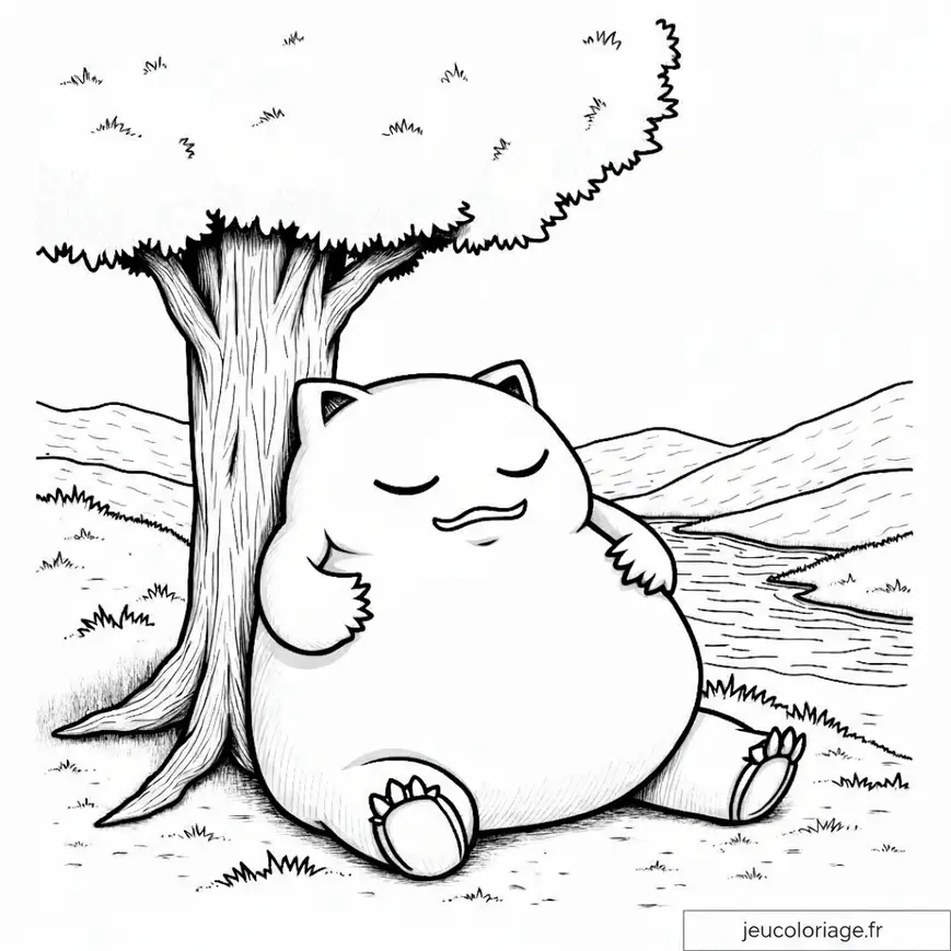 Coloriage relaxant de Ronflex sous un arbre pour enfants