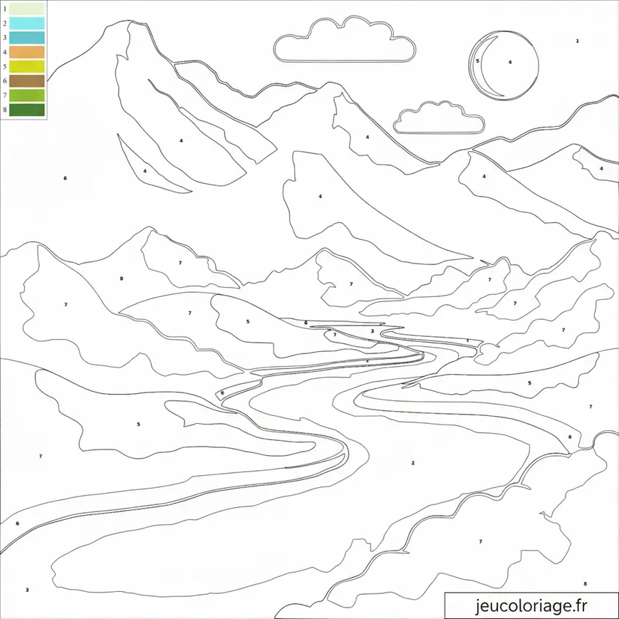 Coloriage relaxant paysage montagneux pour enfants