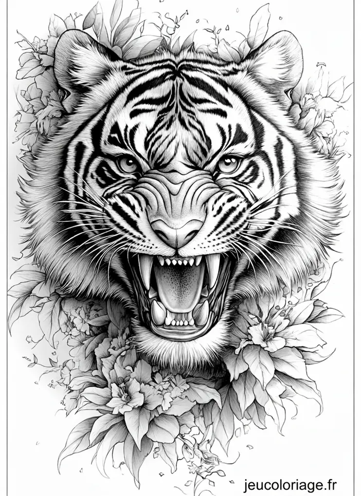 Coloriage tête de tigre féroce au milieu de fleurs