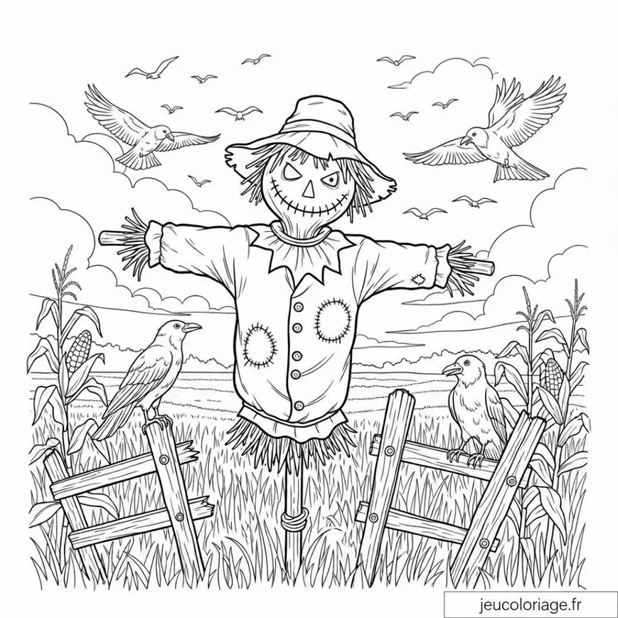 Coloriage épouvantail champêtre et oiseaux en plein vol